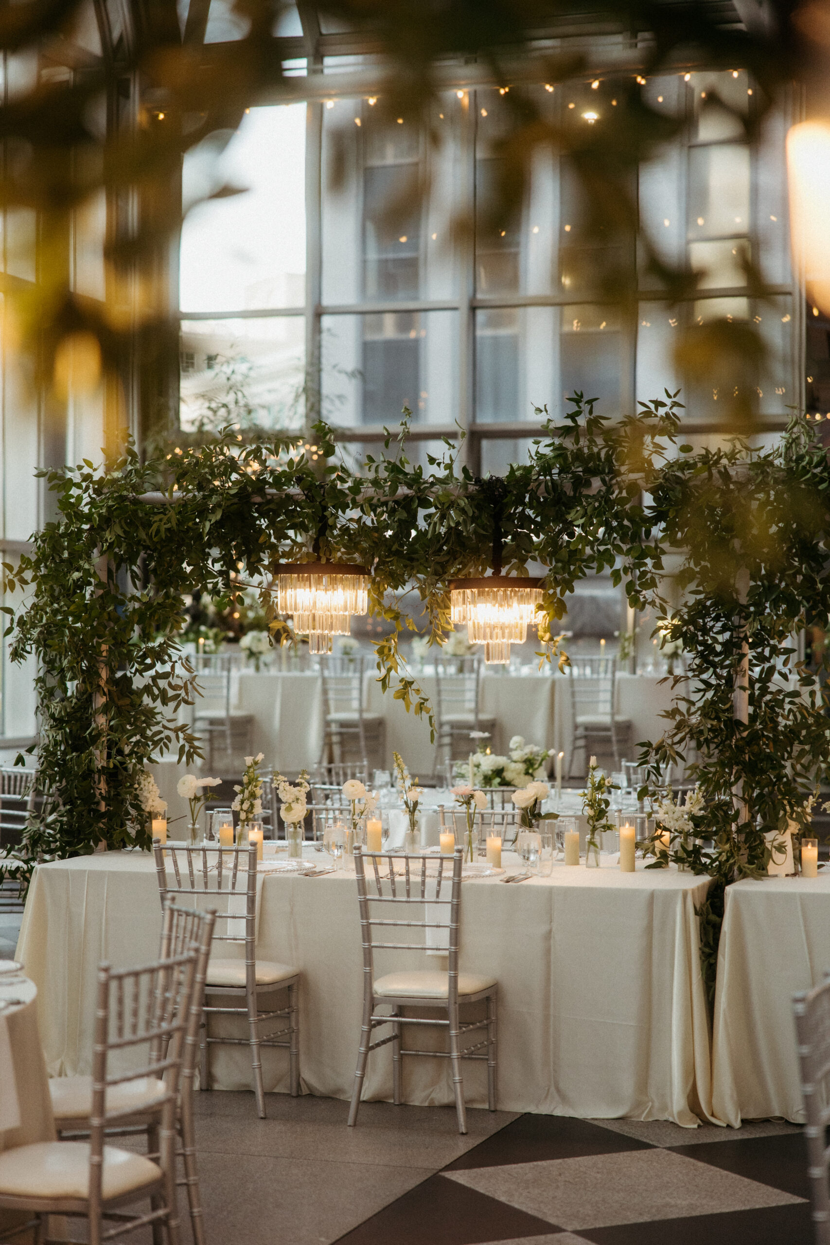wedding reception inside PPG Wintergarden with natural light