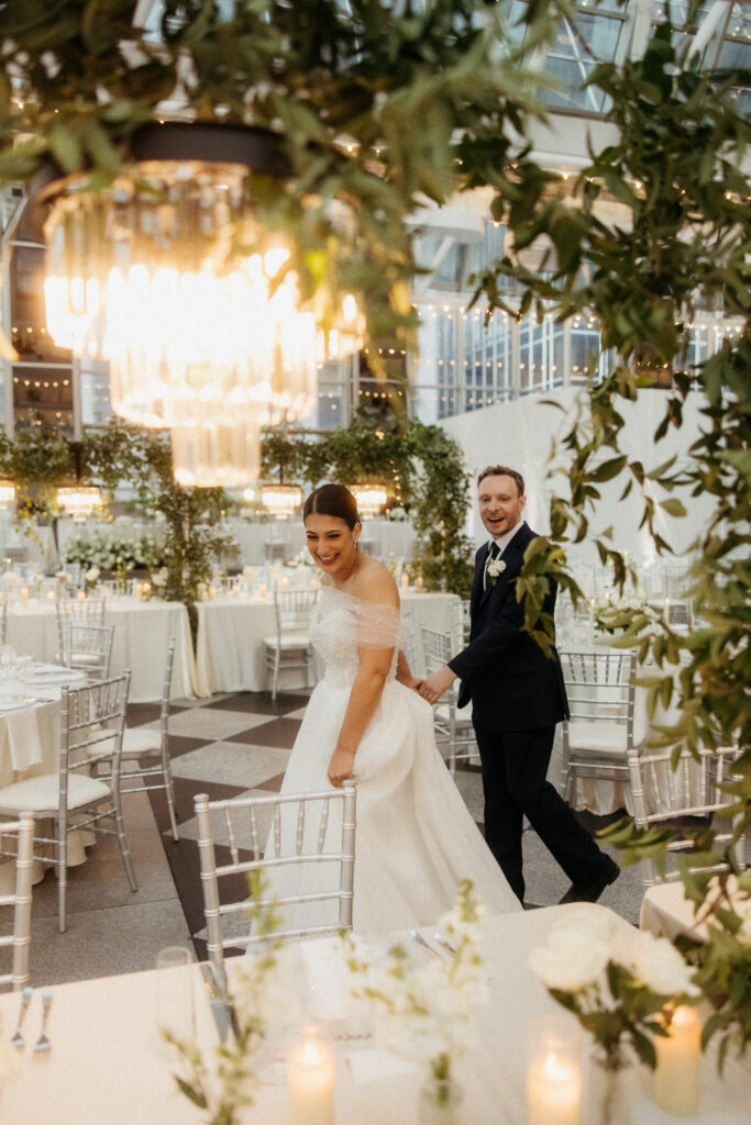 wedding reception inside PPG Wintergarden with natural light