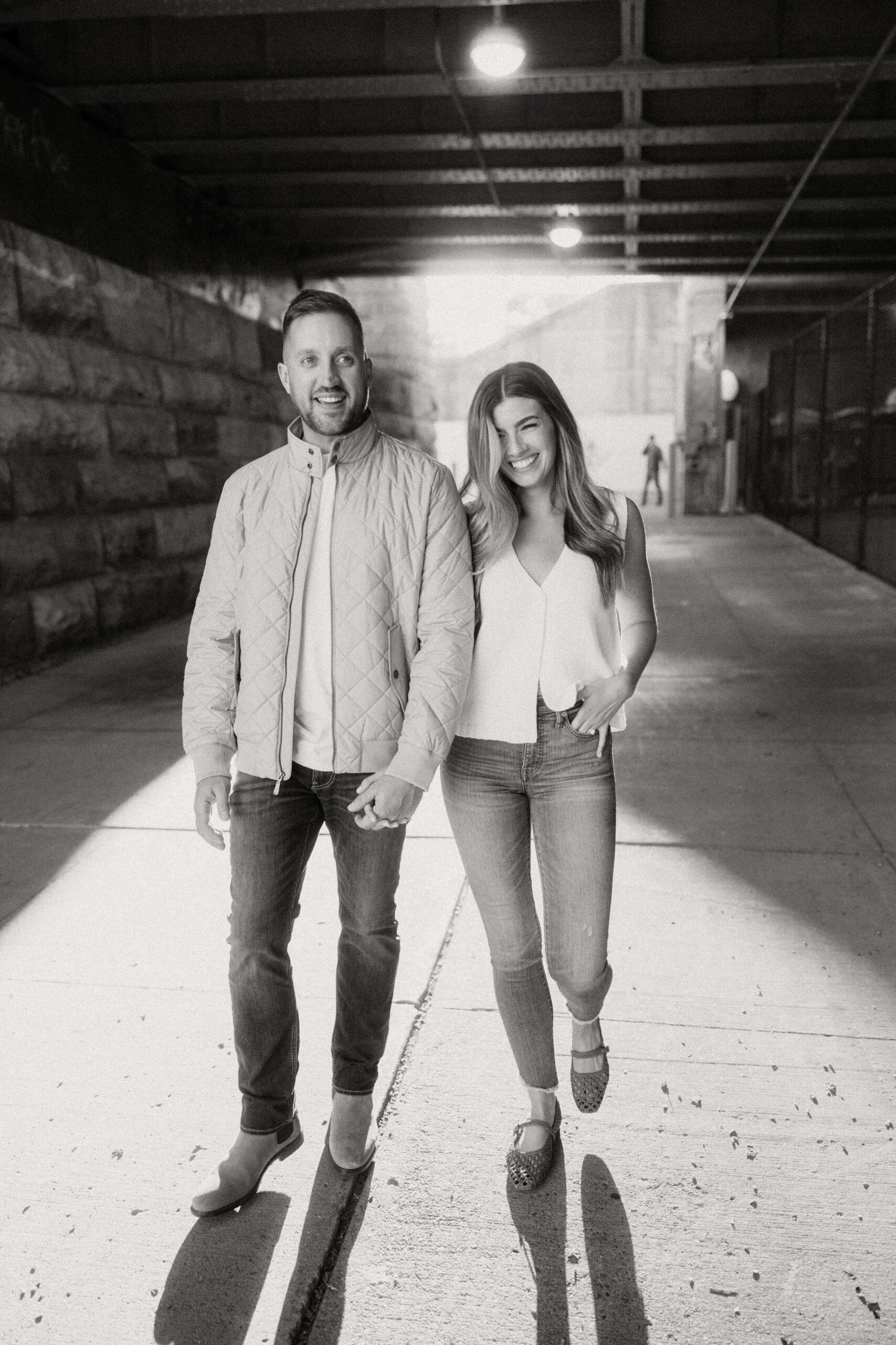 Romantic portraits with Pittsburgh skyline during North Shore engagement photos
