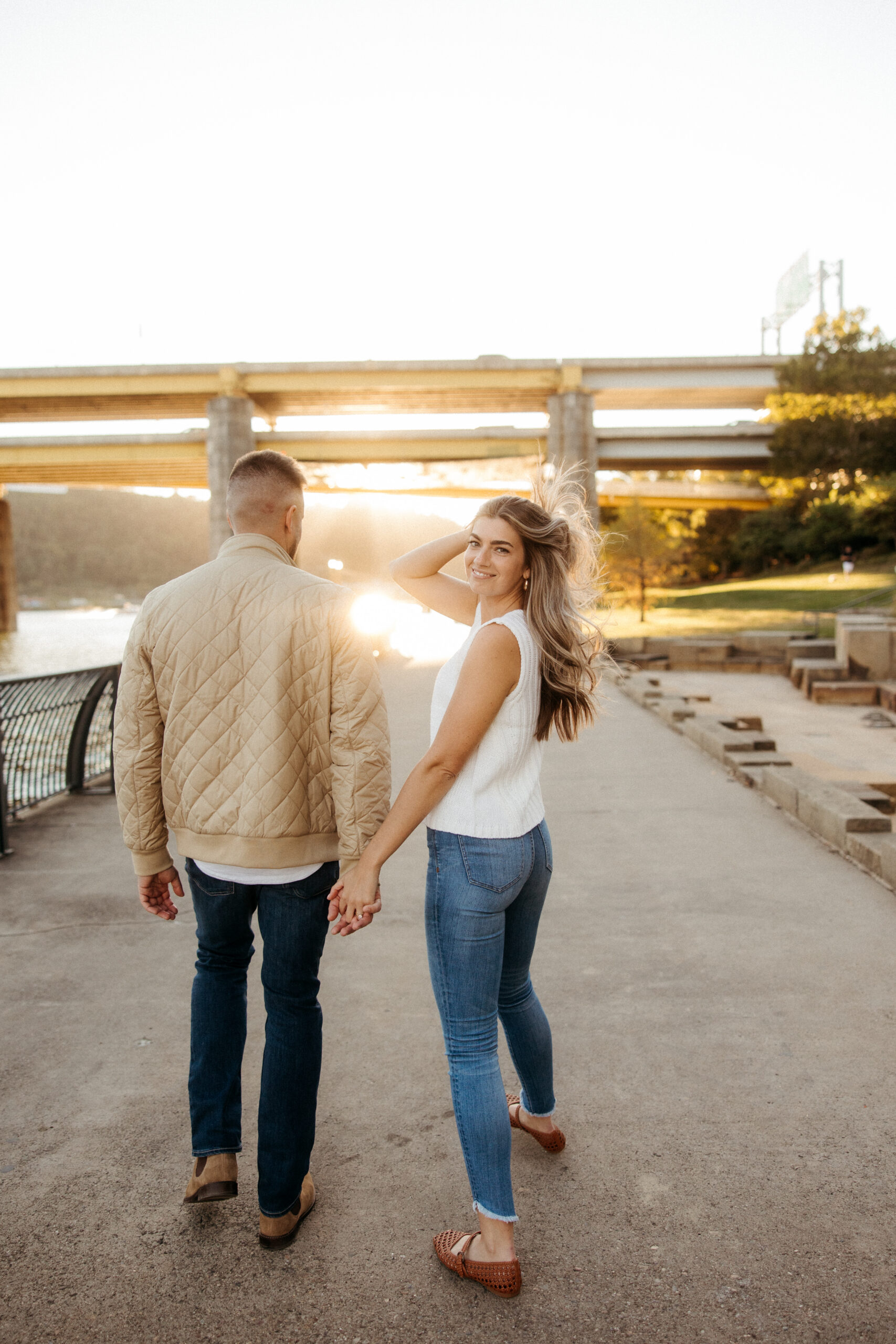 Romantic portraits with Pittsburgh skyline during North Shore engagement photos